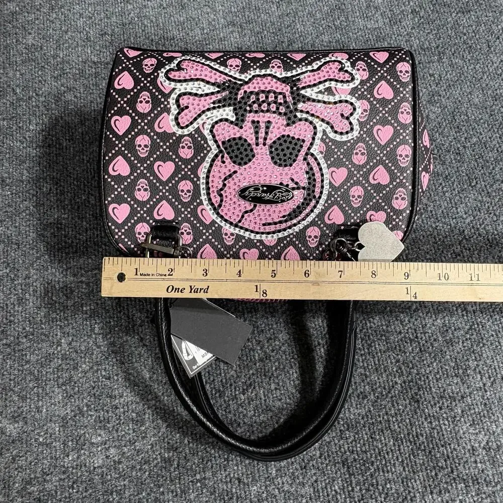 Ed Hardy Satchel Bag Womens Black Pink Skull Hearts Rhinestone Vegan NWT Rock